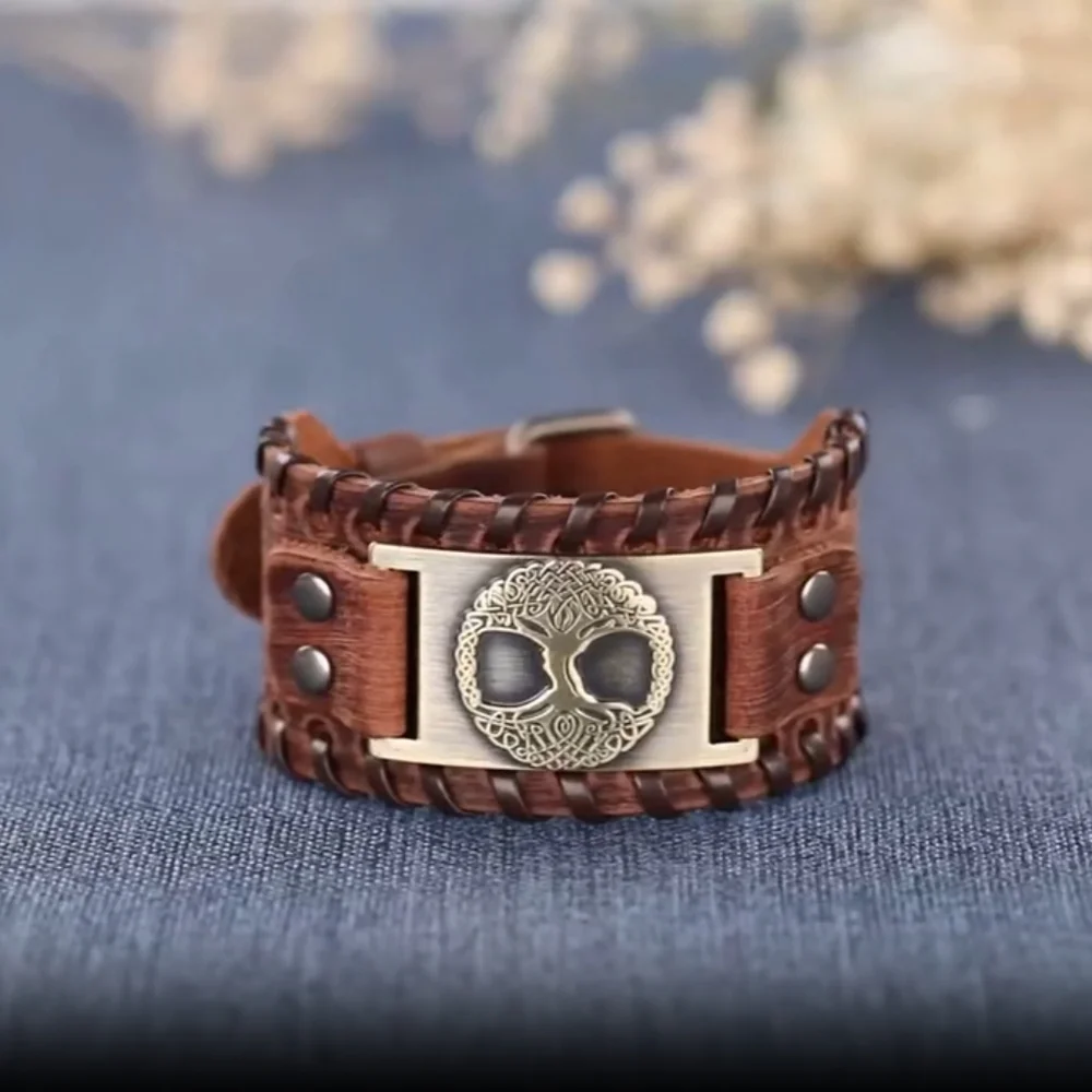 Men's Leather Cuff Bracelet with Metal Tree of Life Emblem